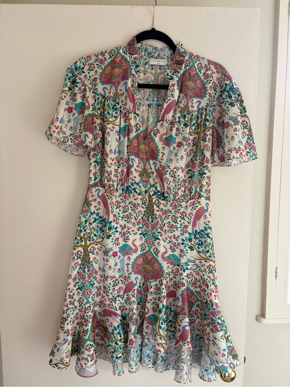 SANDRO SILK Floral & Multicolor Print Short Dress